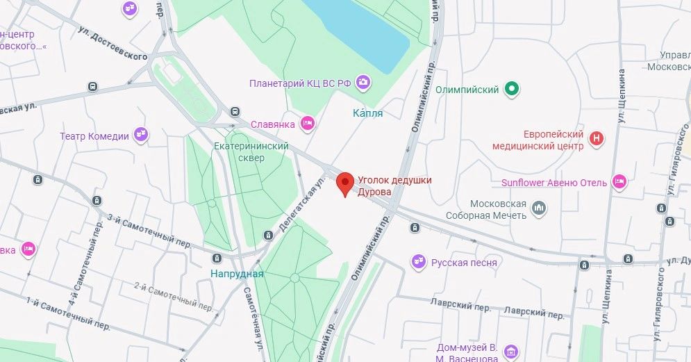 Карта, с указанием месторасположения "Театр Уголок Дедушки Дурова"